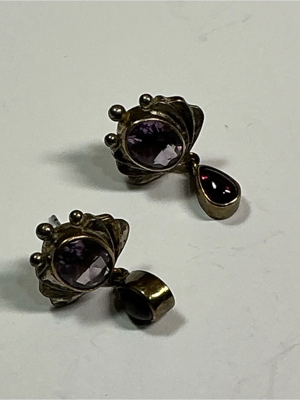 Vintage Sterling Silver Yossi Ezra Studio “ YES “ Earrings W/ Purple & Red ston.
